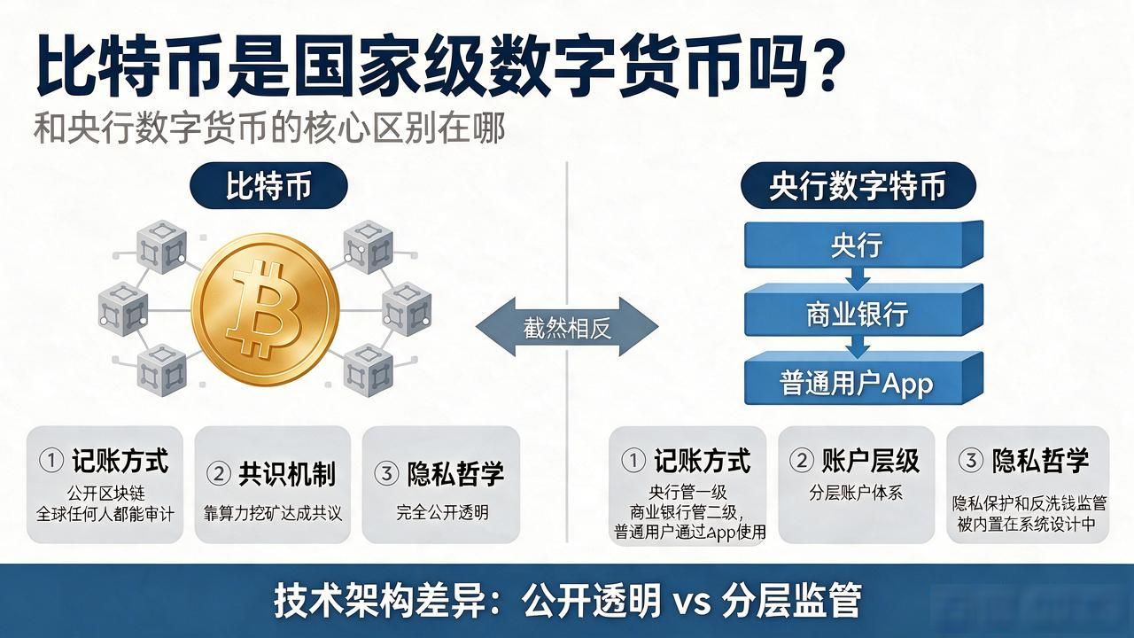 比特币是国家级数字货币吗？和央行数字货币的核心区别在哪